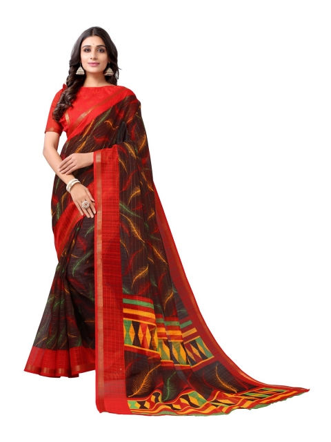 

KALINI Brown & Red Floral Printed Poly Cotton Zari Saree
