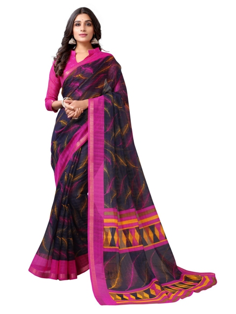 

KALINI Navy Blue & Orange Abstract Printed Saree