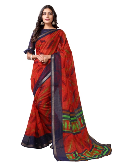 

KALINI Red & Navy Blue Floral Printed Poly Cotton Saree