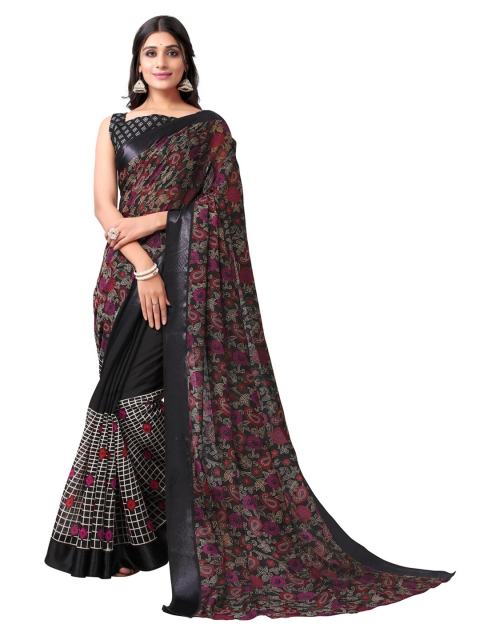 

KALINI Black & Magenta Floral Zari Printed Saree