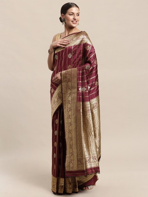 

PERFECTBLUE Burgundy & Gold-Toned Floral Woven Design Art Silk Kanjeevaram Saree
