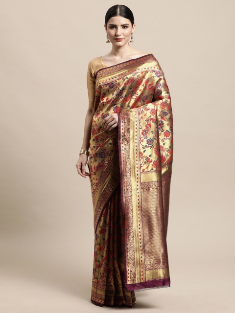 

PERFECTBLUE Burgundy & Orange Floral Woven Design Silk Cotton Paithani Saree