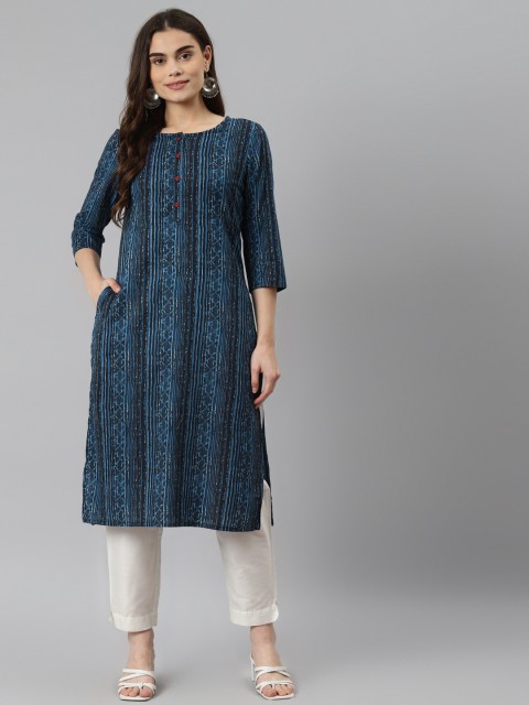 

DESI BEATS Women Blue & Black Pure Cotton Striped Kurta
