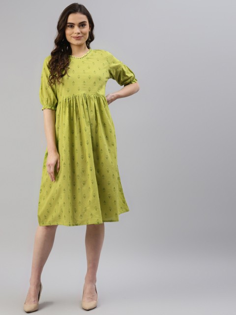 

DESI BEATS Green Ethnic Motifs Printed Pure Cotton Fit & Flare Dress