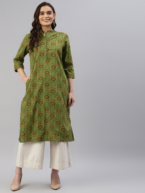 

DESI BEATS Women Olive Green & Brown Ethnic Motifs Printed Kurta