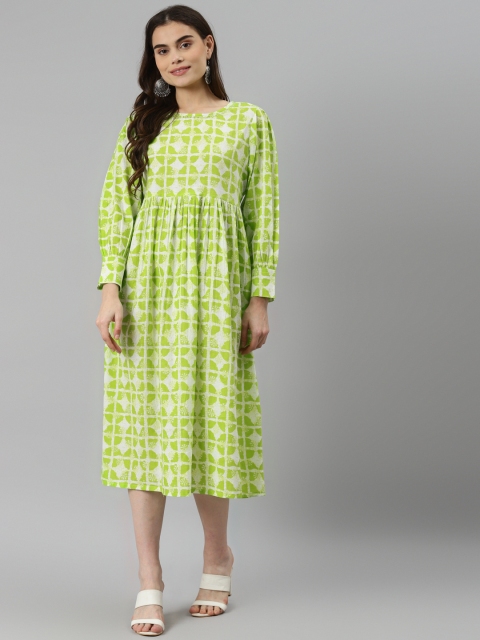 

DESI BEATS Women Green & White Pure Cotton Ethnic Motifs Ethnic A-Line Dress