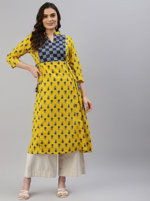 

DESI BEATS Women Yellow & Blue Floral Printed Pure Cotton Anarkali Kurta With Tie-Ups