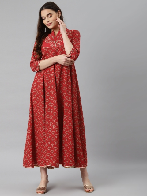 

DESI BEATS Women Red & Beige Pure Cotton Ethnic Motifs Ethnic Maxi Dress