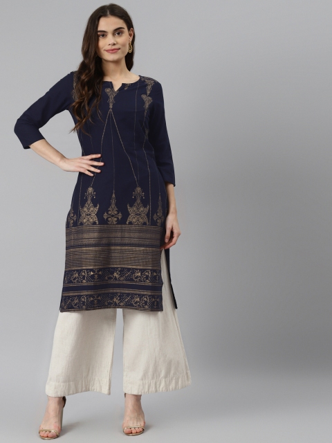 

DESI BEATS Women Navy Blue & Golden Pure Cotton Ethnic Motifs Printed Kurta