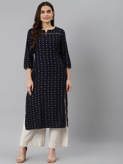 

DESI BEATS Women Navy Blue & Golden Ethnic Motifs Printed Kurta