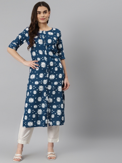 

DESI BEATS Women Navy Blue & White Floral Printed Kurta