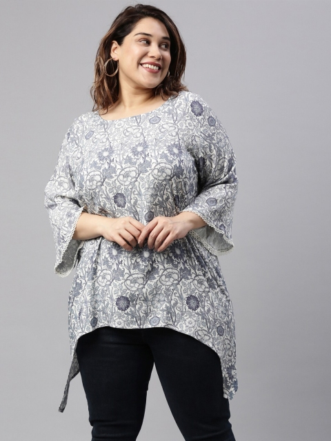 

The Pink Moon Blue & White Floral Printed Fish Cut Tunic