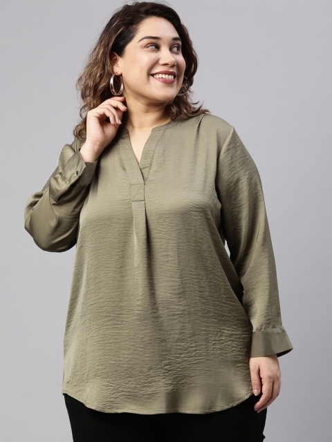 

The Pink Moon Olive Green Plus Size Mandarin Collar Monochrome Tunic