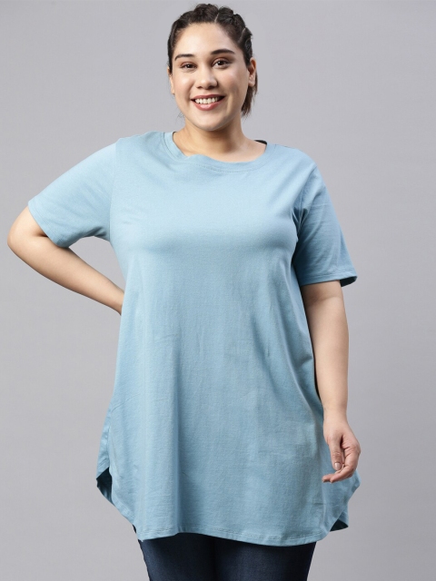 

The Pink Moon Women Plus Size Blue Solid Round Neck Cotton Longline T-shirt