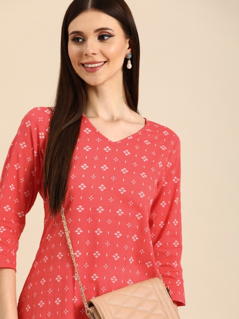 

Anouk Women Coral Pink & White Geometric Printed Pure Cotton Kurta