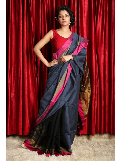

Charukriti Grey & Pink Gold-Toned Solid Woven Design Handloom Saree