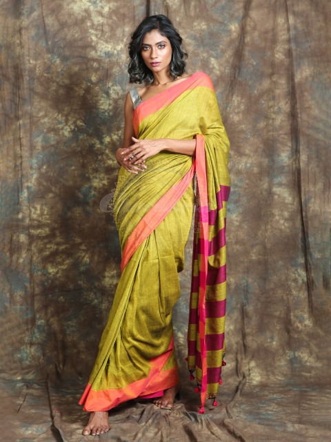 

Charukriti Mustard & Pink Solid Woven Design Handloom Saree