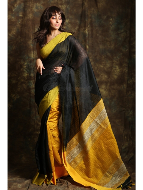 

Charukriti Black & Yellow Solid Woven Design Handloom Saree