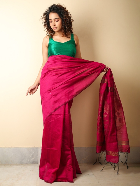 

Charukriti Pink & Green Sequin Embellished Handloom Saree