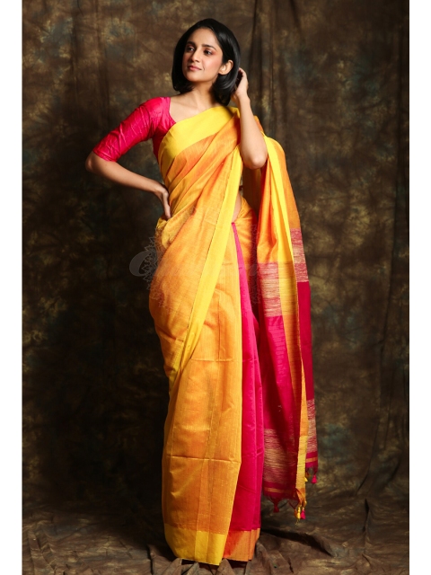 

Charukriti Yellow & Pink Colourblocked Striped Saree