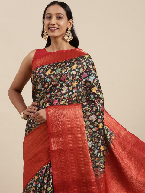

VASTRANAND Black & Maroon Ethnic Print Zari Silk Blend Saree