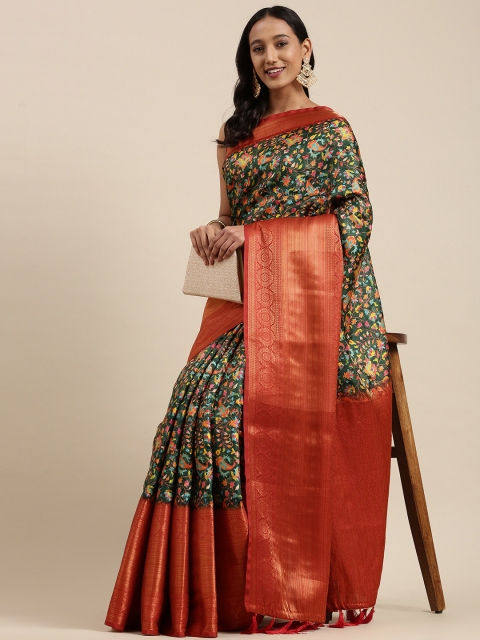 

VASTRANAND Green & Maroon Ethnic Print Zari Silk Blend Saree