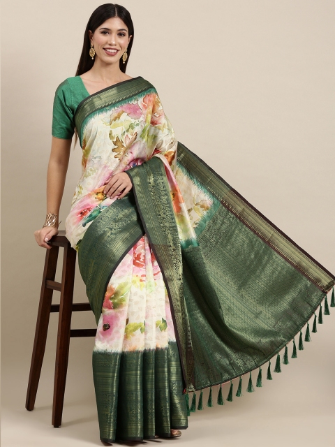 

VASTRANAND Off White & Green Floral Print Zari Silk Blend Saree