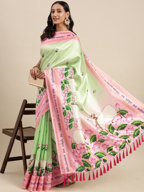 

VASTRANAND Green & Pink Kalamkari Print Gadwal Saree
