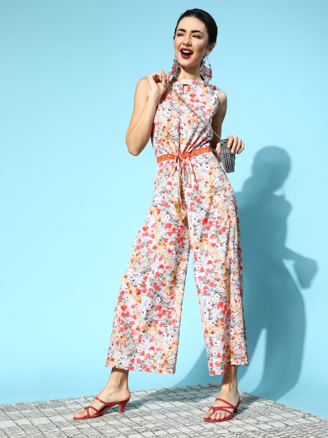

Ahalyaa Women Pretty Pink Printed Cinched Waist Jumpsuit
