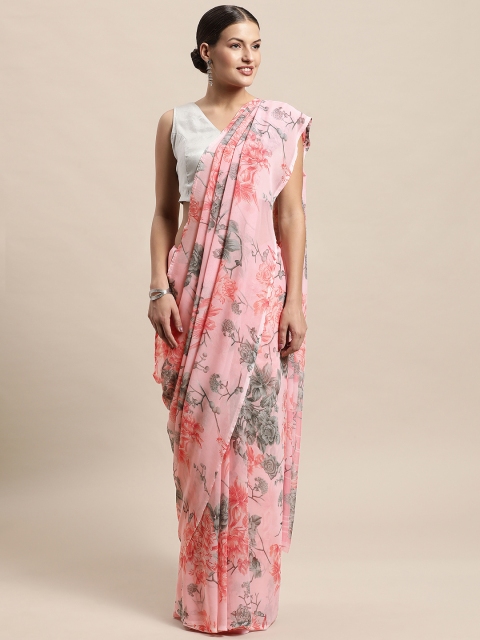 

PERFECTBLUE Peach-Coloured & Grey Floral Print Saree