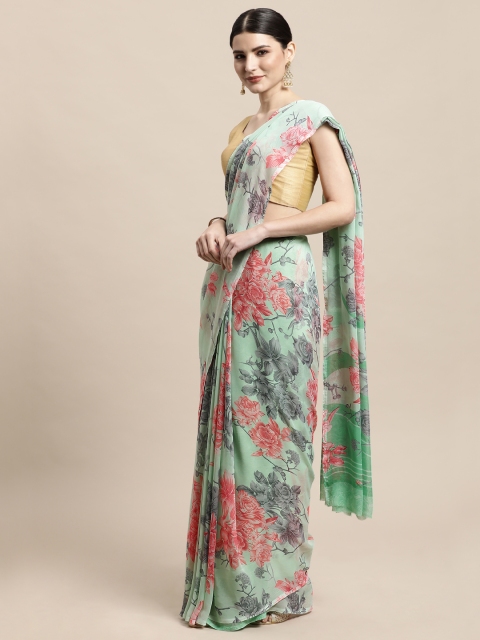 

PERFECTBLUE Green & Peach-Coloured Floral Print Saree