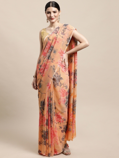 

PERFECTBLUE Orange & Peach-Coloured Floral Print Saree