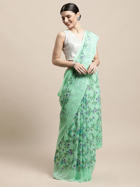 

PERFECTBLUE Green & Grey Floral Print Saree