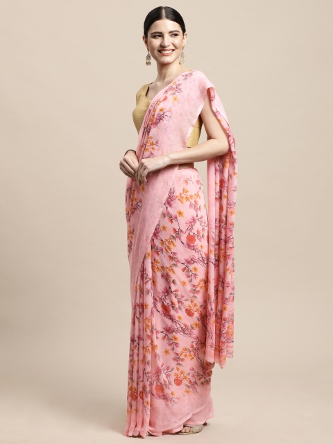 

PERFECTBLUE Peach-Coloured & Orange Floral Print Saree