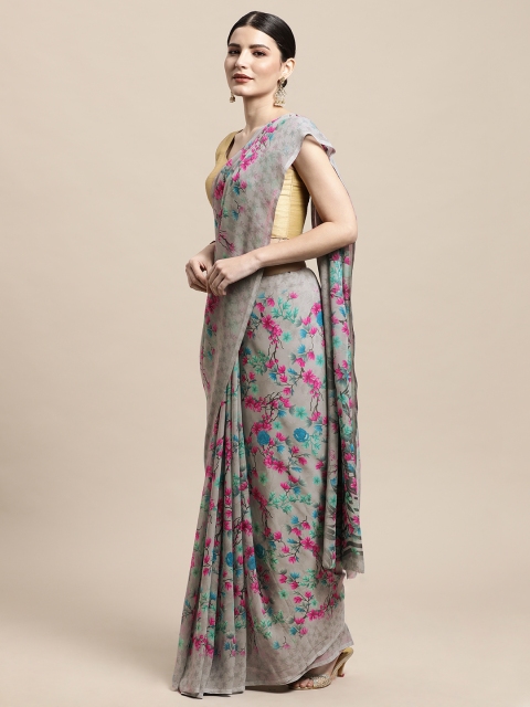 

PERFECTBLUE Grey & Pink Floral Print Saree
