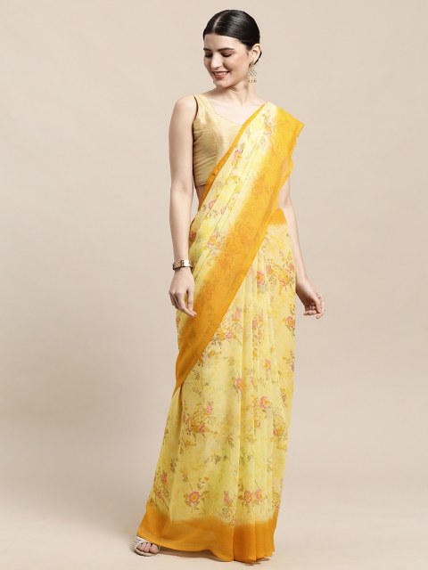

PERFECTBLUE Yellow & Pink Floral Print Saree
