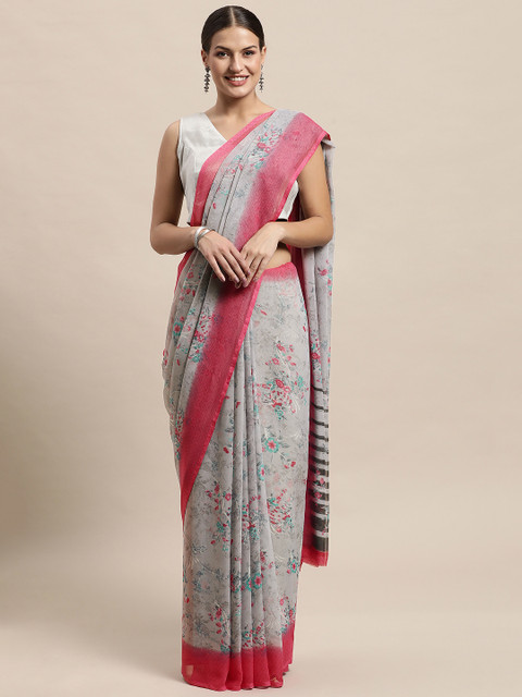 

PERFECTBLUE Grey & Pink Floral Print Saree