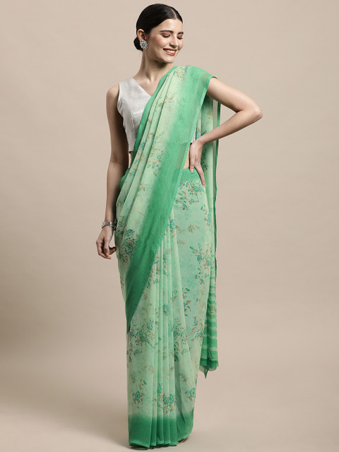 

PERFECTBLUE Green & Blue Floral Print Saree