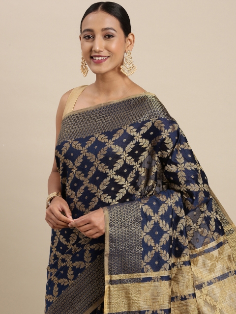 

Mitera Navy Blue & Golden Geometric Woven Design Saree