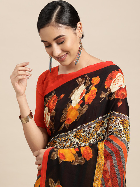 

KALINI Black & Orange Floral Saree