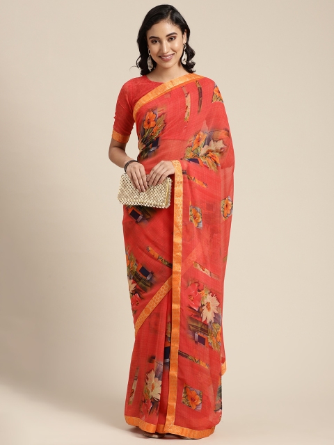 

KALINI Peach Pink & Orange Floral Print Poly Georgette Saree