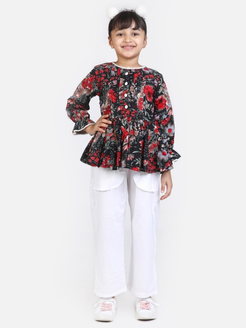 

Cutiekins Girls Black & Red Floral Printed Shirt Style Top & Solid Palazzos Co-Ords Set
