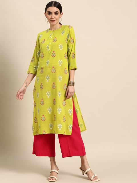 

Anouk Women Lime Green & Pink Pure Cotton Floral Printed Floral Kurta
