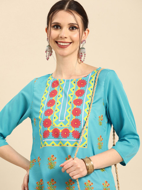 

Anouk Women Blue & Yellow Floral Printed Round Neck Kurta