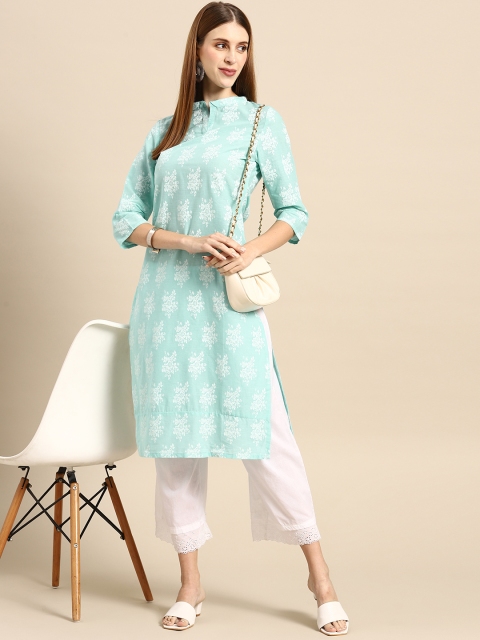 

Anouk Women Blue & Off White Pure Cotton Floral Printed Kurta