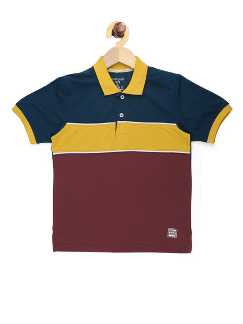 

Stupid Cupid Boys Teal Blue & Maroon Colourblocked Polo Collar T-shirt