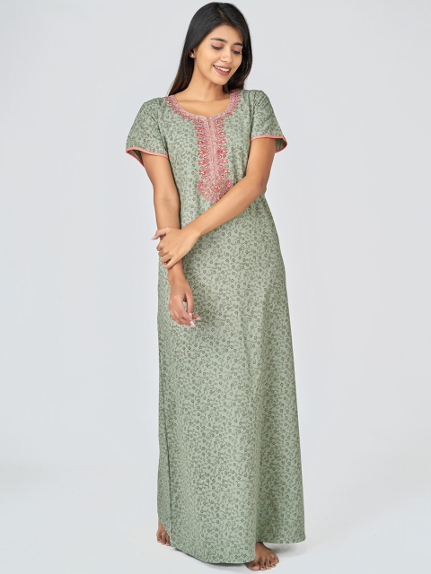 

Maybell Women Green & Pink Floral Printed Maxi Nightdress