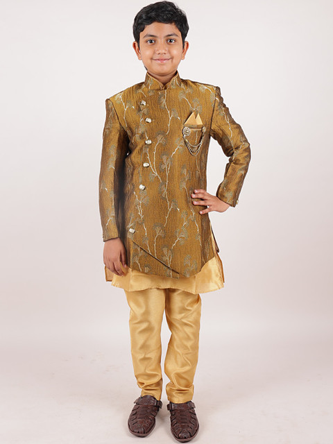 

Pothys Boys Gold & Cream Jacquard Sherwani Set