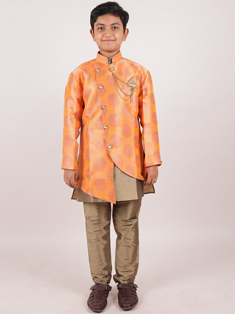 

Pothys Boys Peach And Brown Woven Design Sherwani