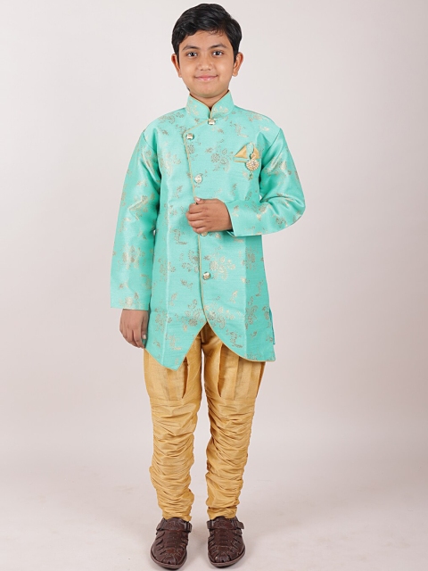 

Pothys Boys Sea Green And Khaki Jacquard Sherwani